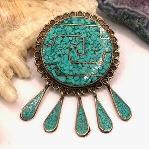 Mexico Turquoise Dangle Pendant Brooch Combination Vtg Alpaca Silver 925 J864